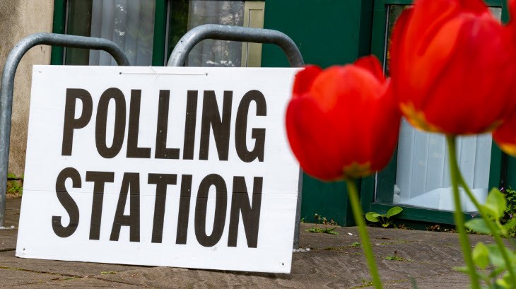 Polling station and tulips